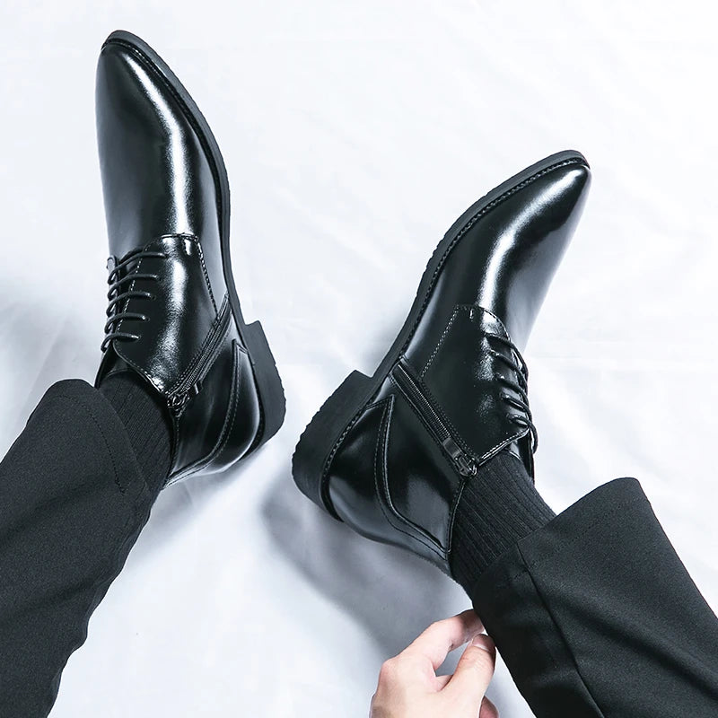 Leather Boots Men Zip Lace-up High Top British Versatile Men Fashion Business Dress Social Boots Mens Platform Casual Men Boots