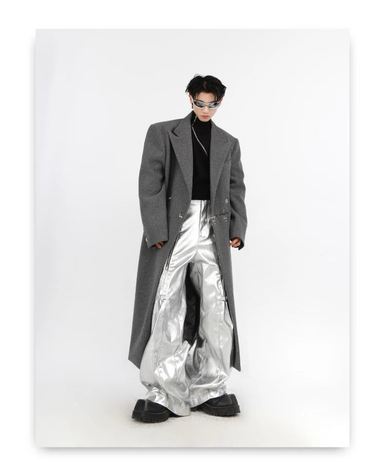 Mauroicardi Spring Autumn Cool Long Loose Casual Soft Black Silver Pu Leather Pants Men with Many Zippers Trousers Fashions 2023
