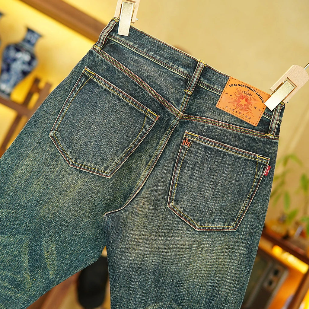 14.5oz Emerald Green Red Selvedge Denim Jeans for Men Autumn American Vintage 100% Cotton Casual Relaxed Straight Leg Pants 5KM