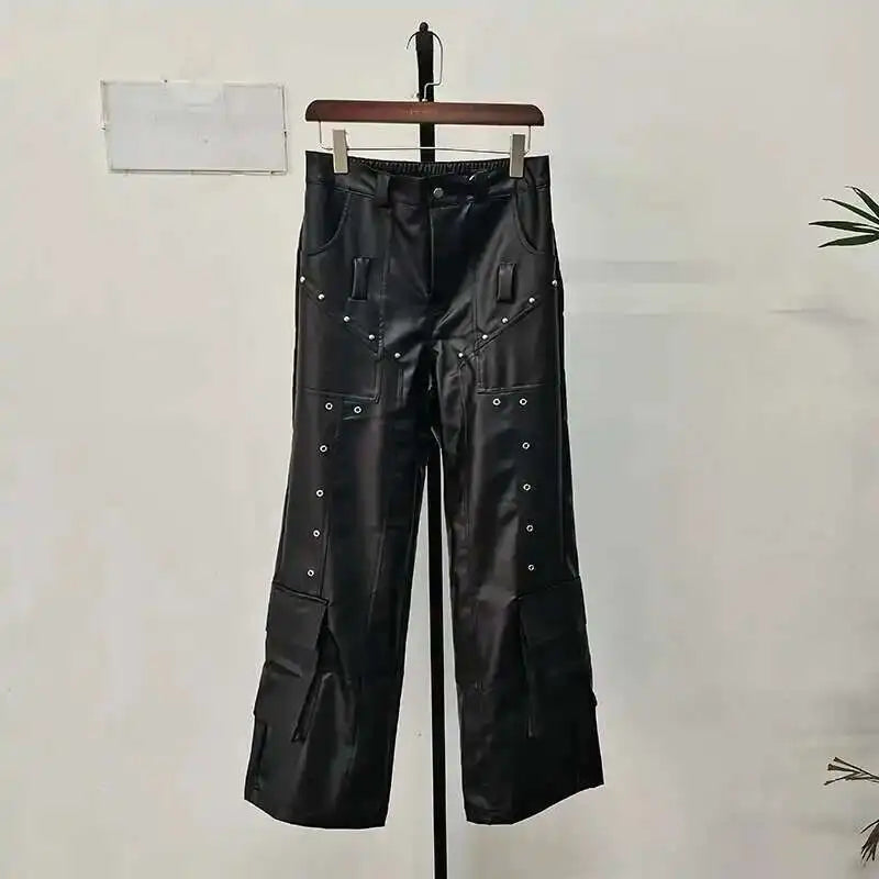 IEFB Spring Men's Leather Trousers Rivet Niche Design PU Casual Pants Solid Color Wide Leg Male Streetwear Niche Design 24X3131