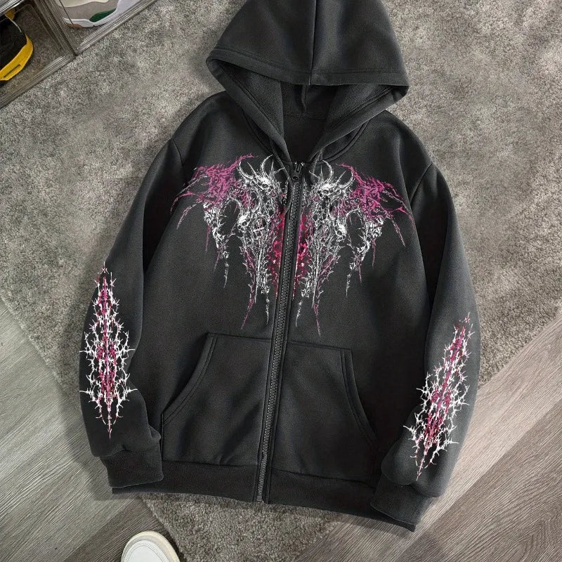 Men's Gothic Dark Print Zipper Hooded Casual Sports Sweatshirt Zipper Jacket Autumn and Winter New Casual Retro Street Style Top