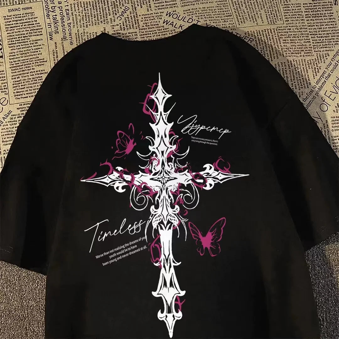 Hip-hop Cross Print Loose Short-sleeved T-shirt for Men and Women, American High Street Style for Summer