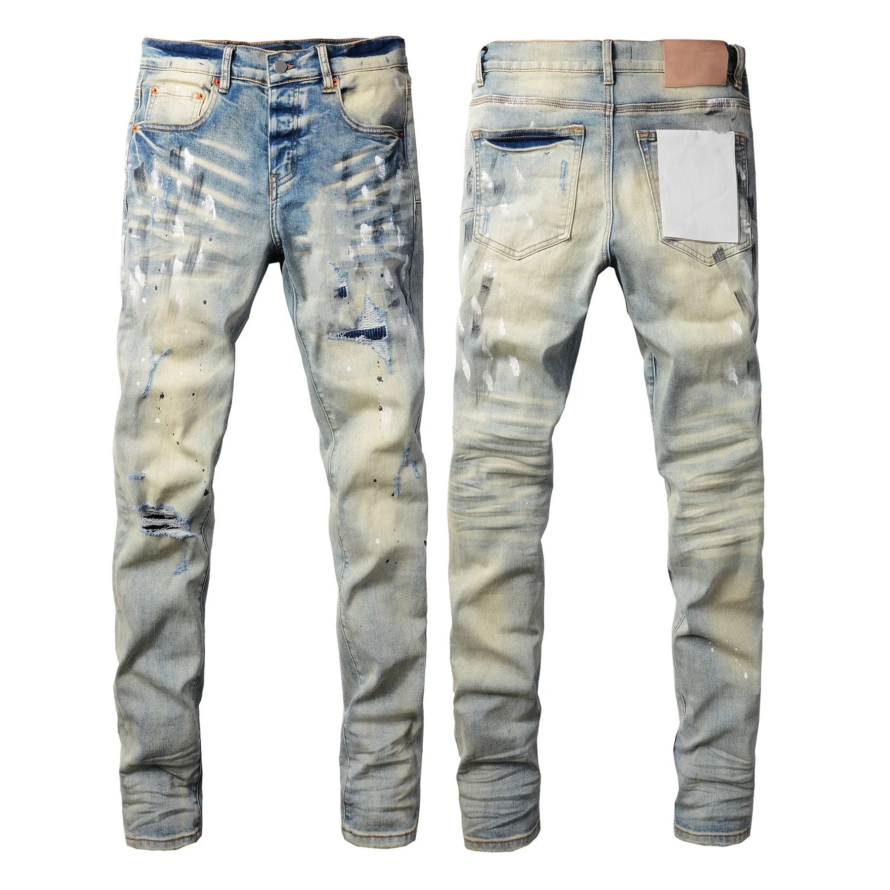 New Fashion Jeans Men High Street Black Splashing ink graffiti Distressed Hole Stretch Skinny Button Fly Ripped Jeans Brand