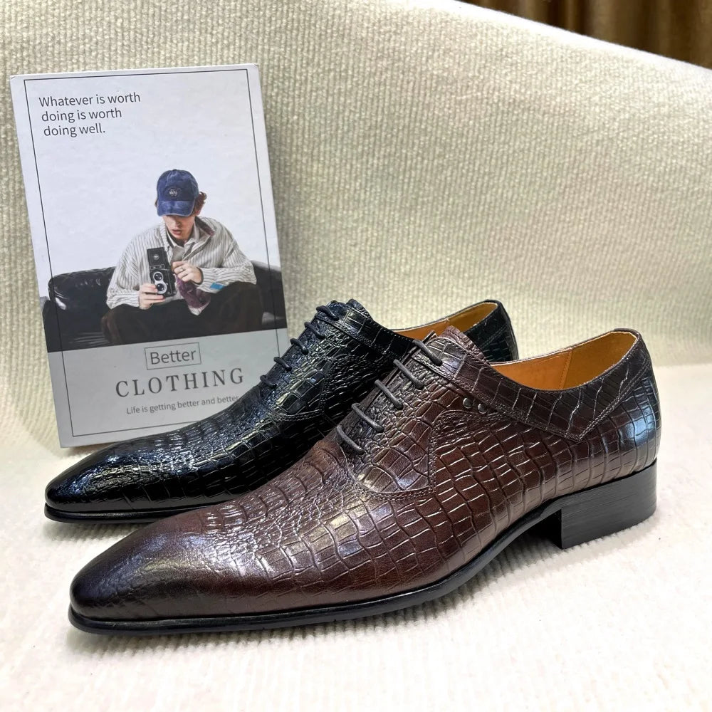 Italian Luxury Men's Pointed Toe Oxford Shoes Black Coffee Leather Lace-Up Dress Shoes for Wedding Office Business Formal Wear
