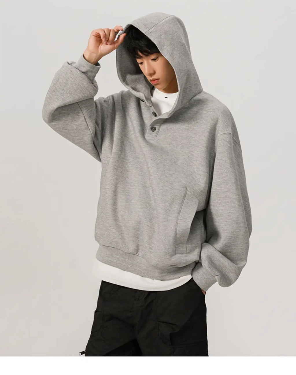 Mid-short hoodie for men, new spring and autumn style, American loose-fit, buttoned hooded stiff loose jacket
