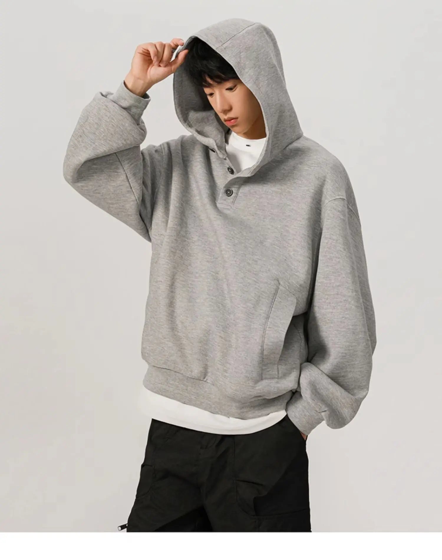 Mid-short hoodie for men, new spring and autumn style, American loose-fit, buttoned hooded stiff loose jacket