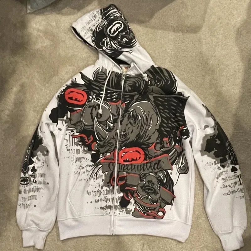 Ecko Dark Gothic Skull Eye Print Hoodie Men Women Streetwear Punk Oversize Black Sweatshirt Distressed Artistic Casual Pullover