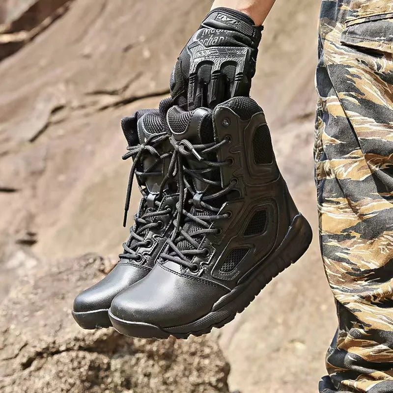 Mens Boot Genuine Leather Vintage Lace Up Waterproof Safety Shoes Black Desert Combat Tactical Ankle Boots Men