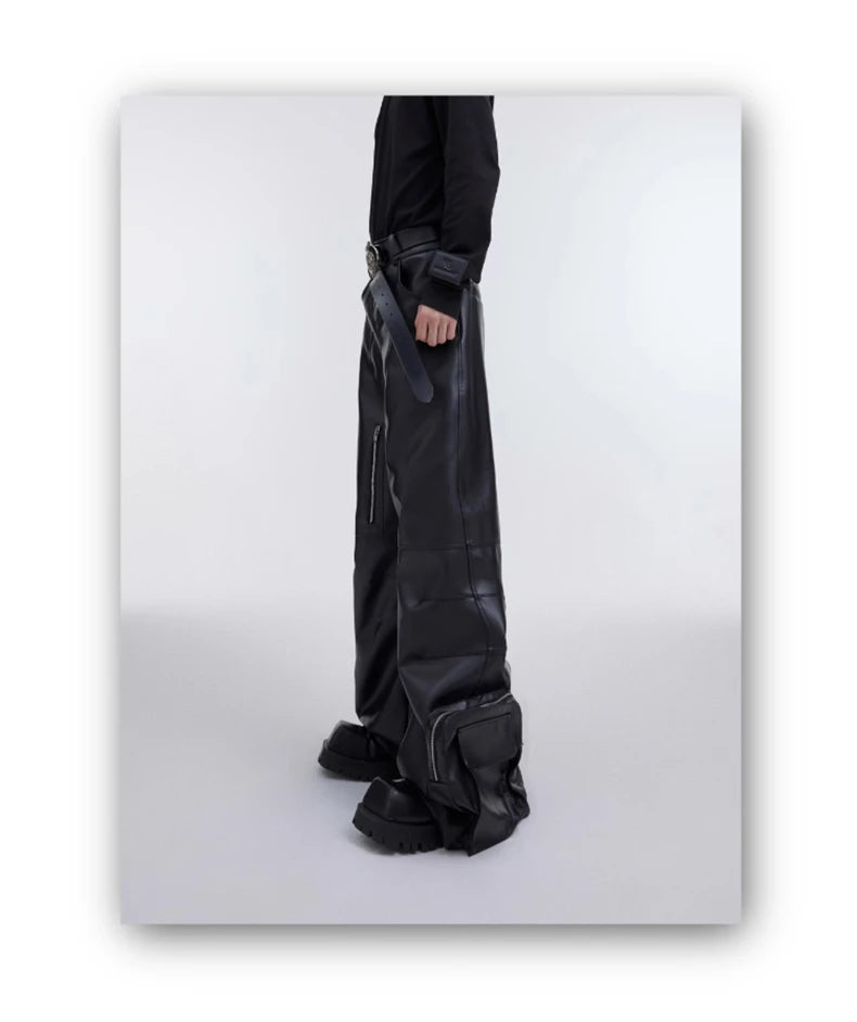 Mauroicardi Autumn Long Black Baggy Pu Leather Wide Leg Cargo Pants for Men Three-dimensional Pockets Luxury Designer Clothes