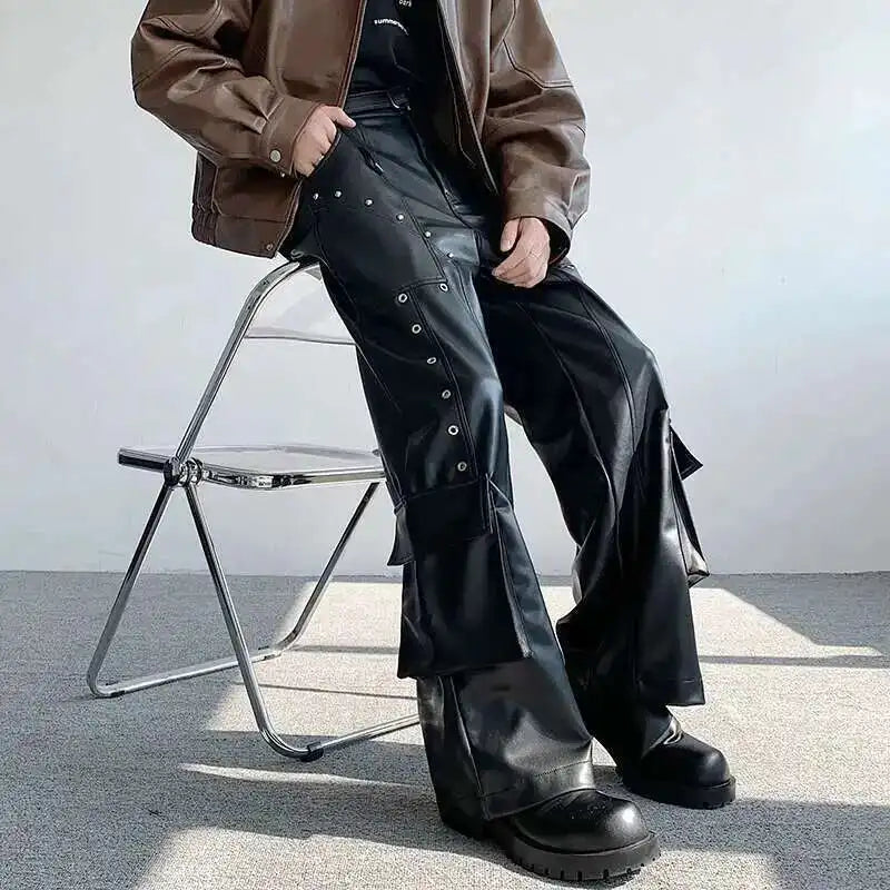 IEFB Spring Men's Leather Trousers Rivet Niche Design PU Casual Pants Solid Color Wide Leg Male Streetwear Niche Design 24X3131