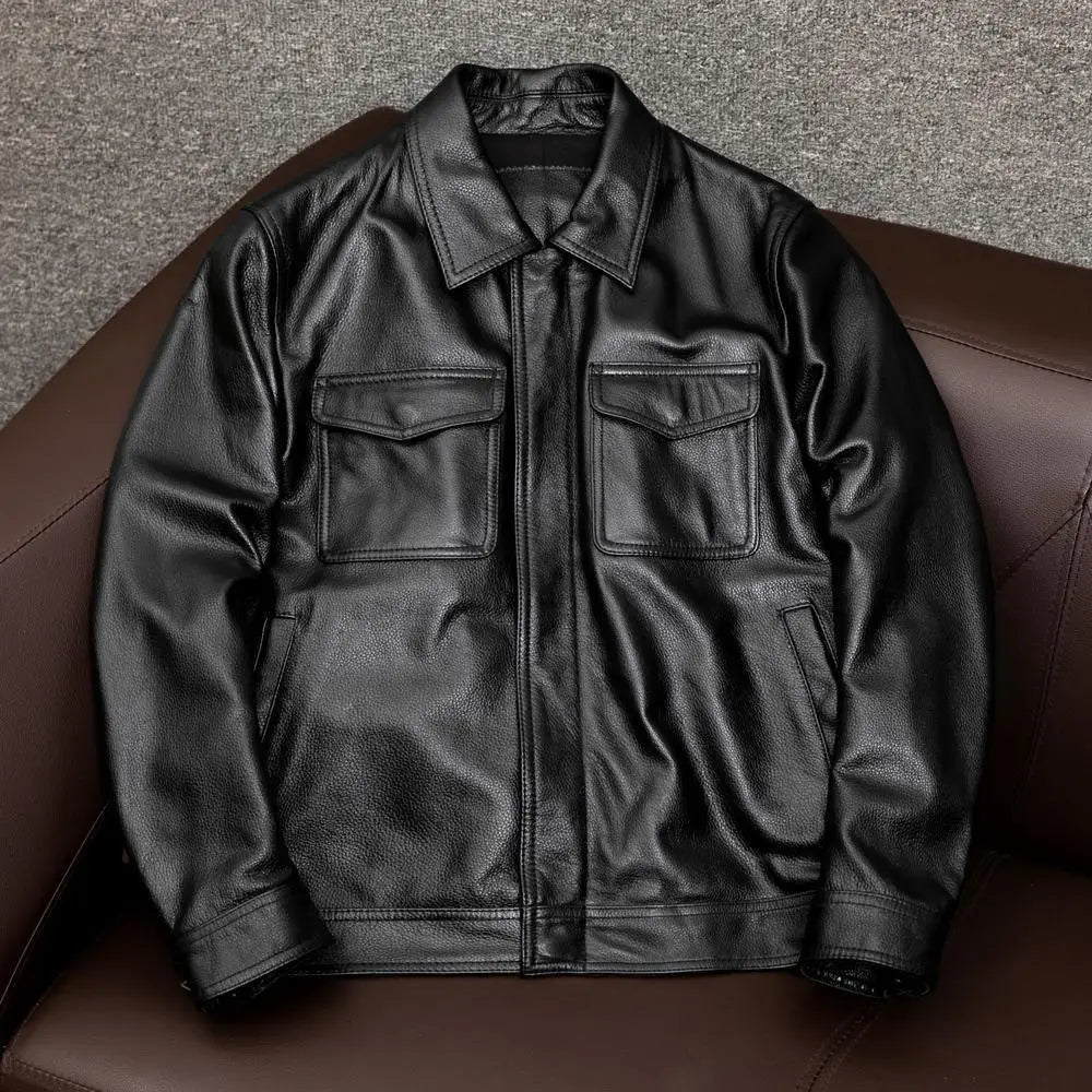 Europe and America Fashion Men Solid Color Simple Basic Casual Trendy Turn-down Collar Long Sleeve Faux Leather Coats Male Tops