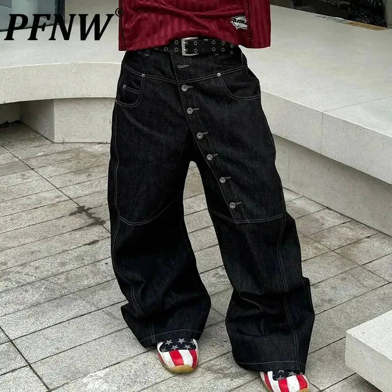 PFNW American High Street Curved Long Button Scimitar Men's Jeans Summer Loose Wide-Leg Pants Trendy Male Trousers 28W8103