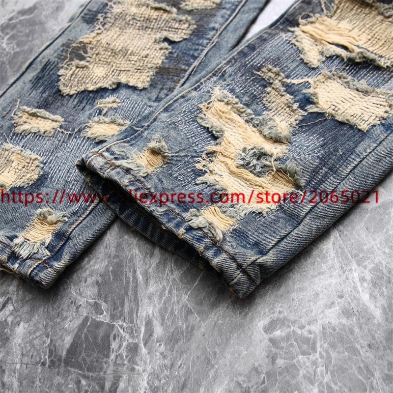 Washed Damaged Embroidery Patches Vintage Denim Jeans Men Women 1:1 Best Quality Pants