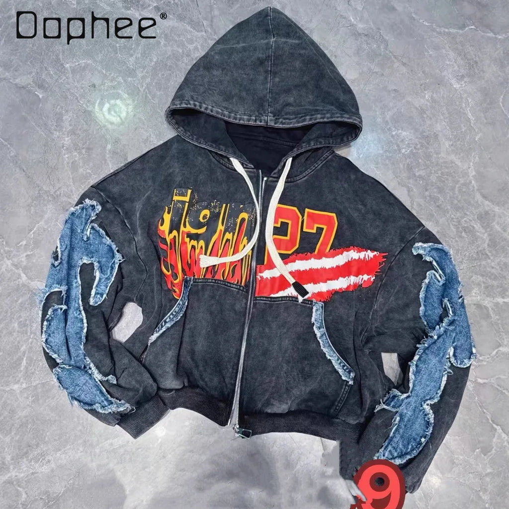European Style Sweatshirt Cardigan 2026 Spring New Personalized Graffiti Letter Print Patchwork Denim Jacket Coat Hoodies Women