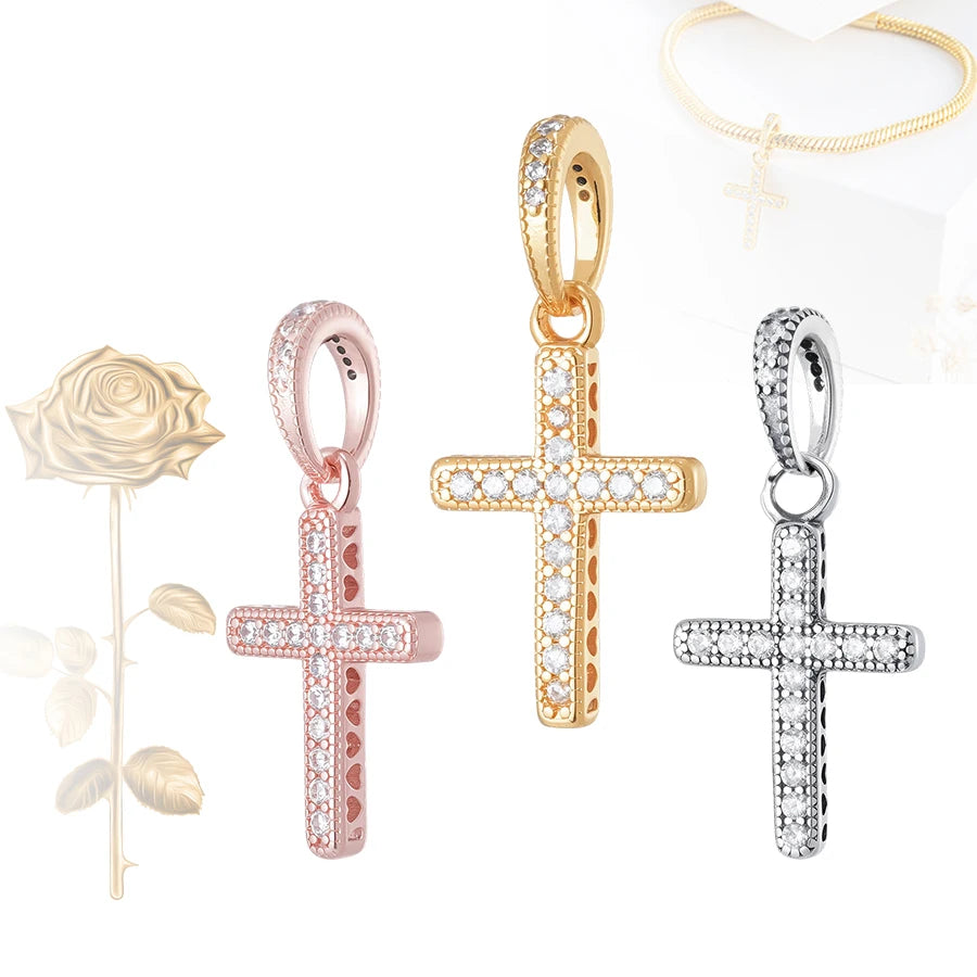Sparkling CZ Cross Pendant Charm for Bracelet Necklace, 925 Sterling Silver Plated, Religious DIY Jewelry Gift for Women Men