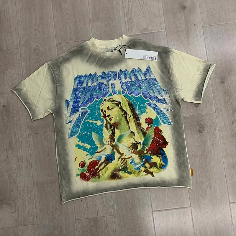 Casual FIRST ROW T-Shirts Washed  Street Fashion American Style Hot Drill Letters Mens Womens High Quality Short Sleeves Tee