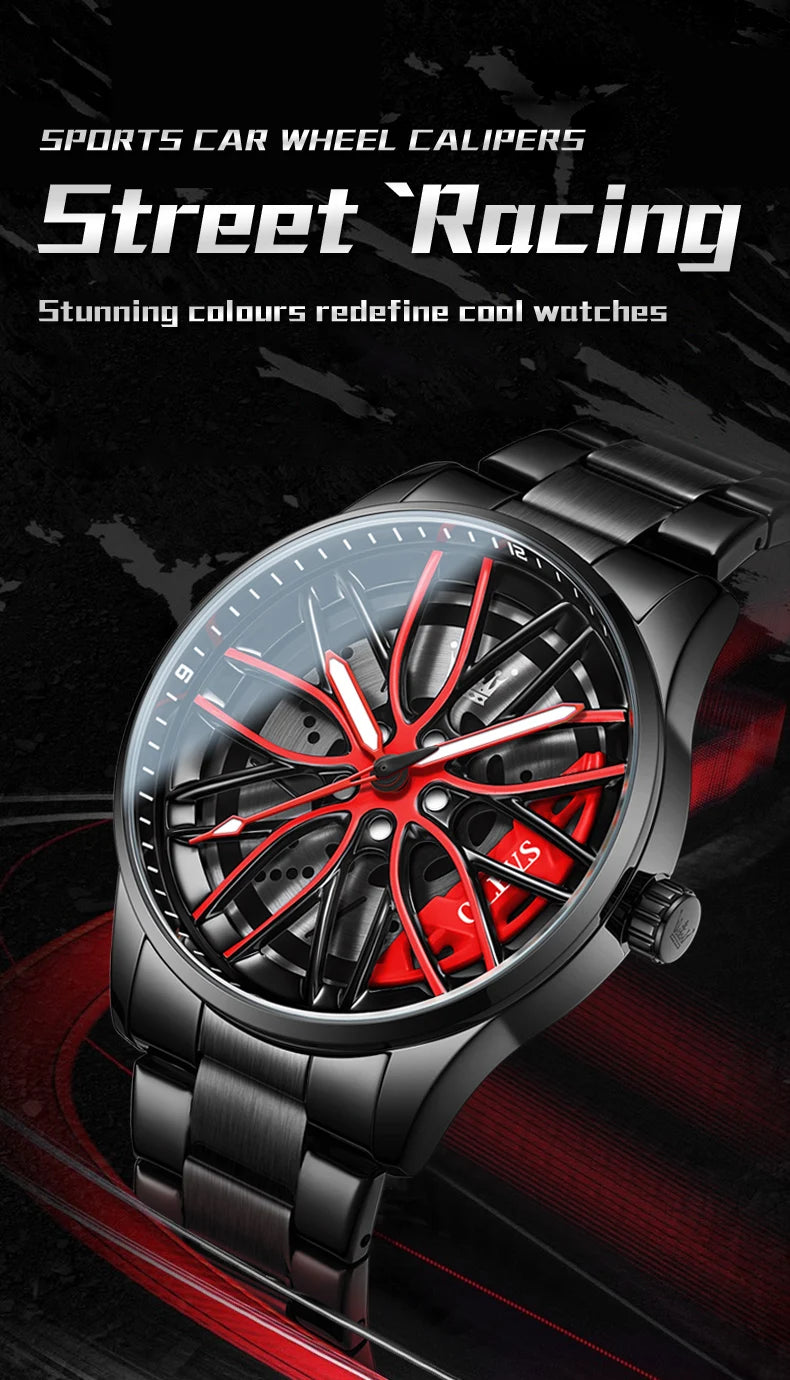 OLEVS 9937 Quartz Watch for Men Fashion 3D Hollow Wheel Rotary Dial Black Stainless Steel Waterproof Luminous Sports Wristwatch
