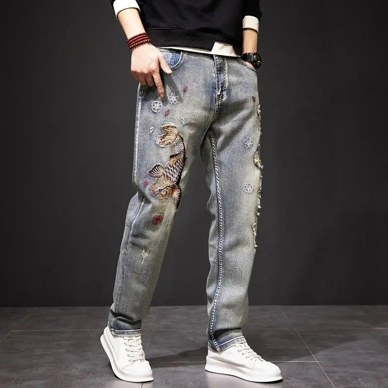 High-End Embroidered Vintage Ripped Denim Jeans Men's Trendy Brand New 2025 Slim Straight Large Size Elastic Long Pants