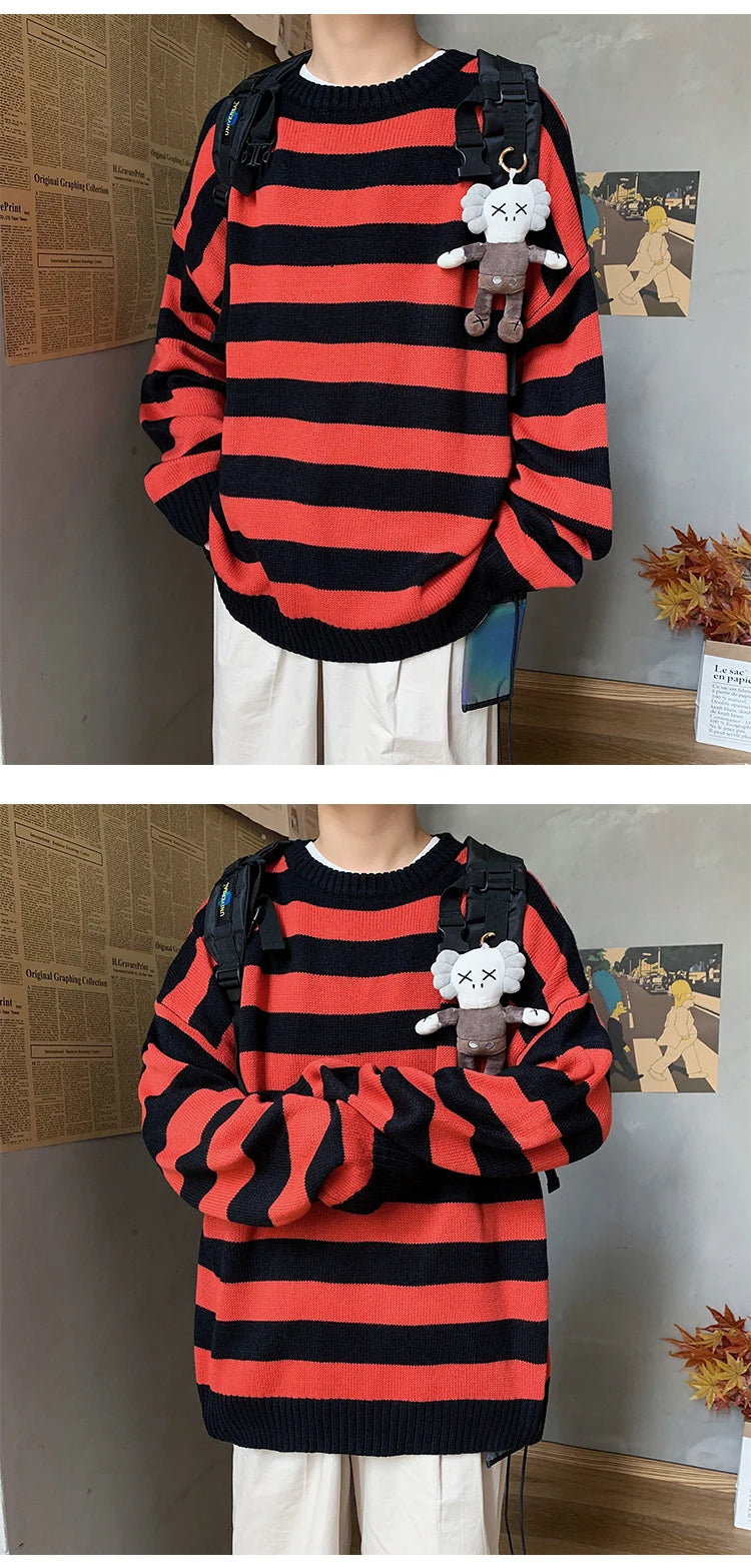 Classic Vintage Striped Sweater Men's Casual Japanese Trendy Red White Pullover Loose Round Neck Couple's Jumper Street Kintwear