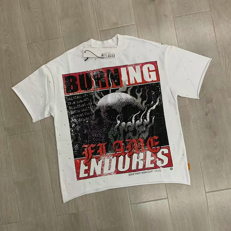 Casual FIRST ROW T-Shirts Washed  Street Fashion American Style Hot Drill Letters Mens Womens High Quality Short Sleeves Tee