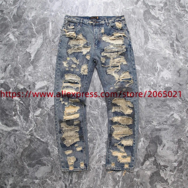 Washed Damaged Embroidery Patches Vintage Denim Jeans Men Women 1:1 Best Quality Pants