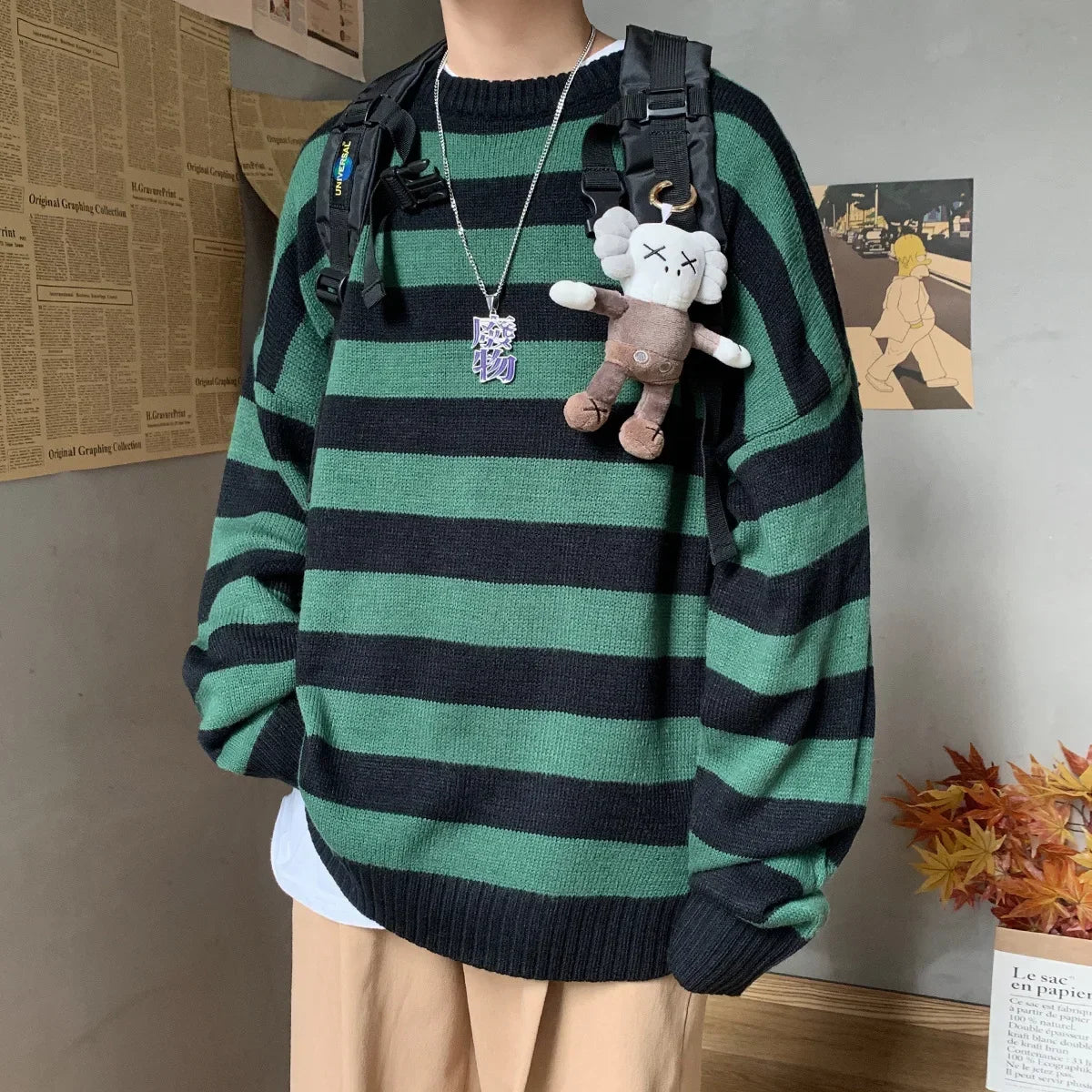 Classic Vintage Striped Sweater Men's Casual Japanese Trendy Red White Pullover Loose Round Neck Couple's Jumper Street Kintwear