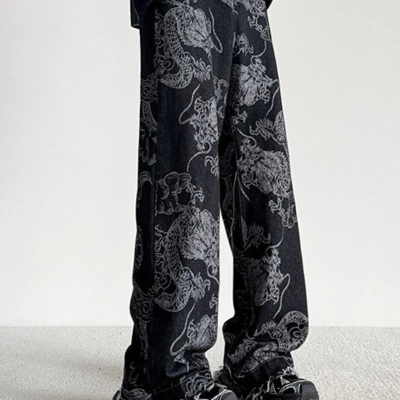 Chinese Style National Trend Design Dragon Pattern Jeans Men Women Korean Version New Retro Straight Loose Casual Pants Male