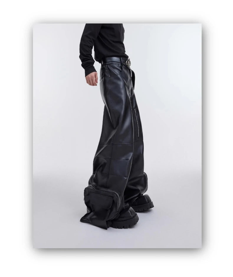 Mauroicardi Autumn Long Black Baggy Pu Leather Wide Leg Cargo Pants for Men Three-dimensional Pockets Luxury Designer Clothes