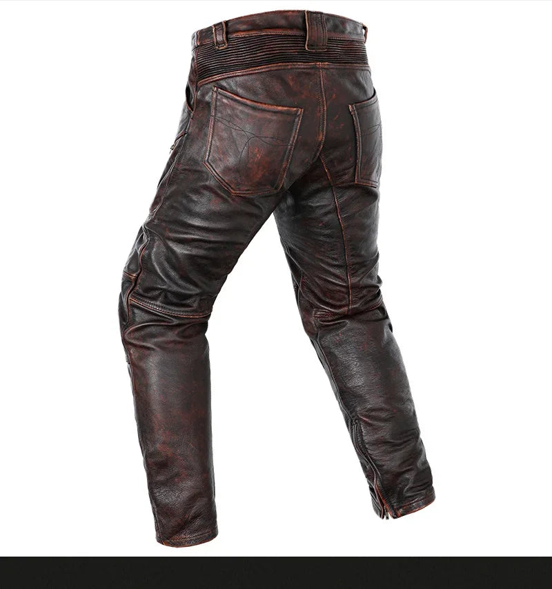 New Motorcycle Genuine Leather Pant Men's Thick Cowhide Vintage Brown Trousers For Men High Quality Moto Biker Slim Pants