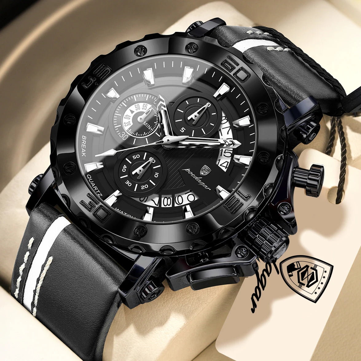 POEDAGAR Sports Watches For Man Waterproof Luminous Date Male Clock Chronograph Leather Quartz Functional Men's Wristwatch Reloj