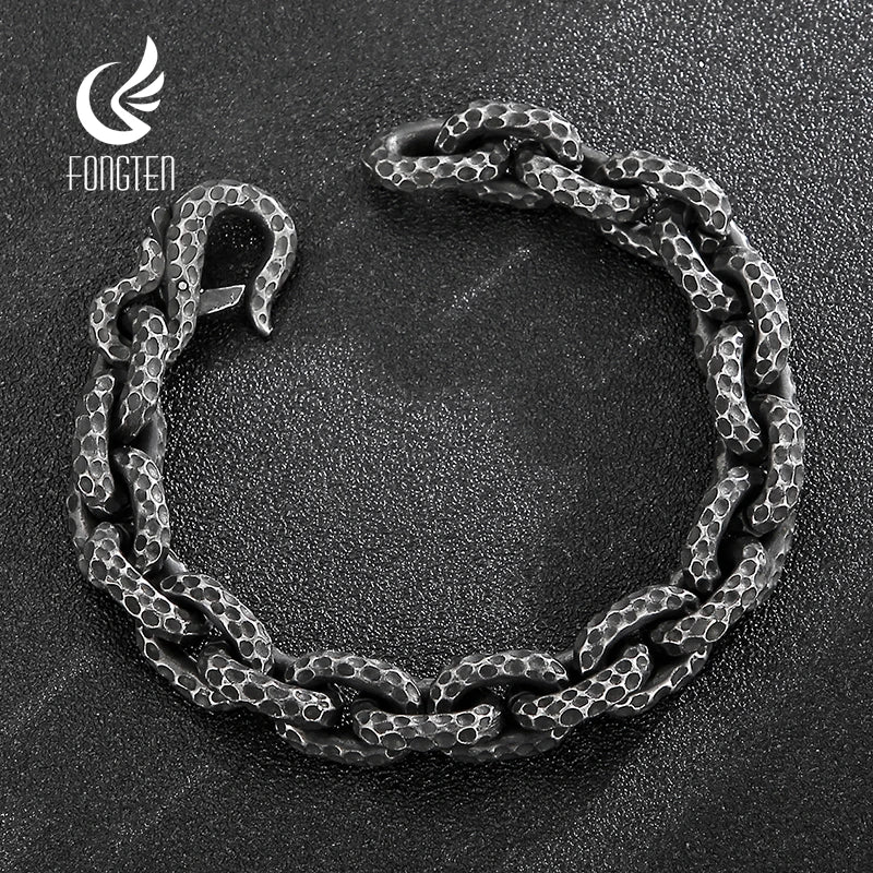 Fongten Men Charm Bracelets Stainless Steel Striking Pattern Rotre Black Color Bracelets Bangle For Men O Link Chain Jewelry