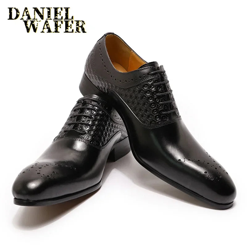 Italian Luxury Men's Pointed Toe Oxford Shoes Black Coffee Leather Lace-Up Dress Shoes for Wedding Office Business Formal Wear