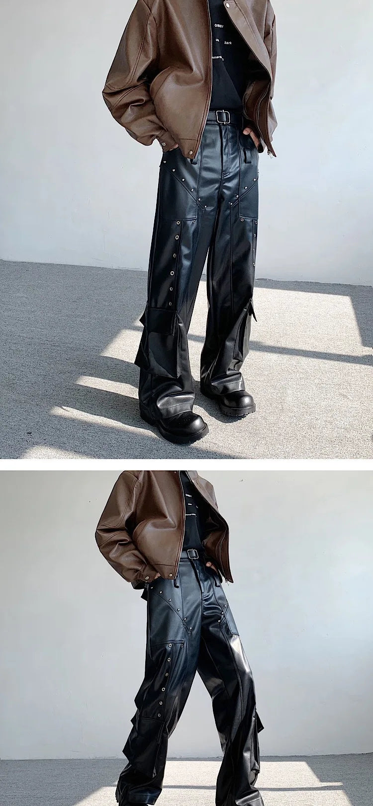 Men's Faux Leather Cargo Pants With Rivet, Y2K  Streetwear Black  Wide-leg Trousers, Autumn/Winter Gothic Mans Baggy Pants