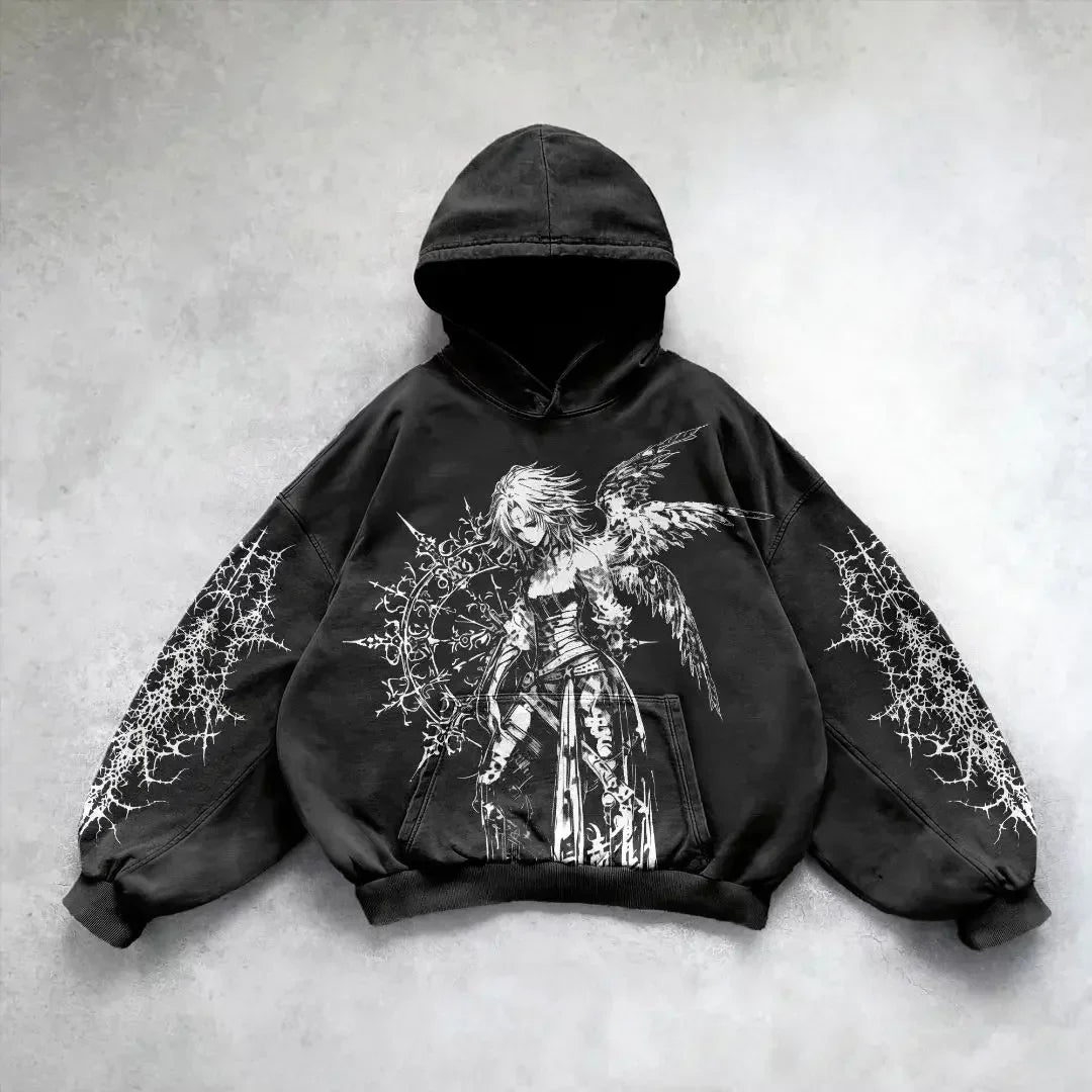 Harajuku y2k gothic white print design pattern black hoodie goth oversized hoodies women streetwear tops sweatshirt men clothing