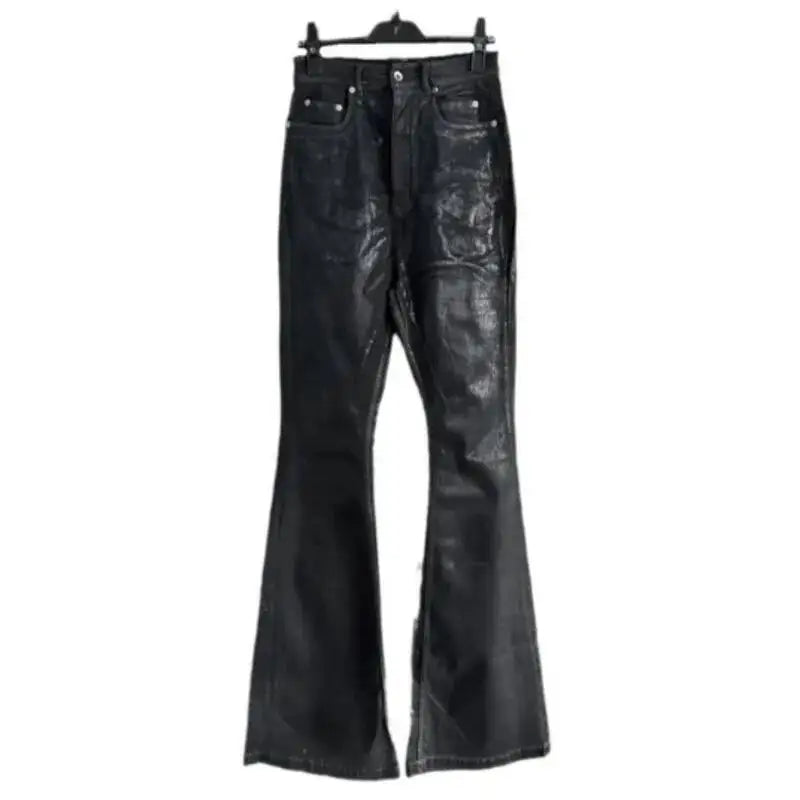 HKSH Spring Autumn Man Dark RO Double Stitching Waxed Denim Pants High Street Punk Wide Leg Flared Vintage Elastic Jeans HK10422