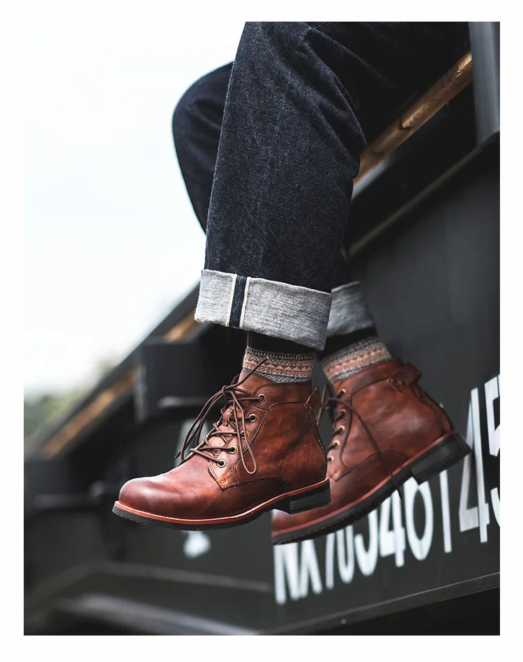 Handmade Leather Men Boots Retro Round Toe Ankle Boots for Men  Luxury Punk Street Style Mens Motorcycle Boots botas para hombre