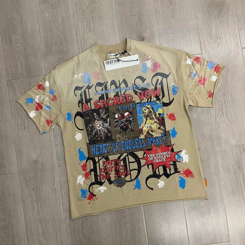 Casual FIRST ROW T-Shirts Washed  Street Fashion American Style Hot Drill Letters Mens Womens High Quality Short Sleeves Tee