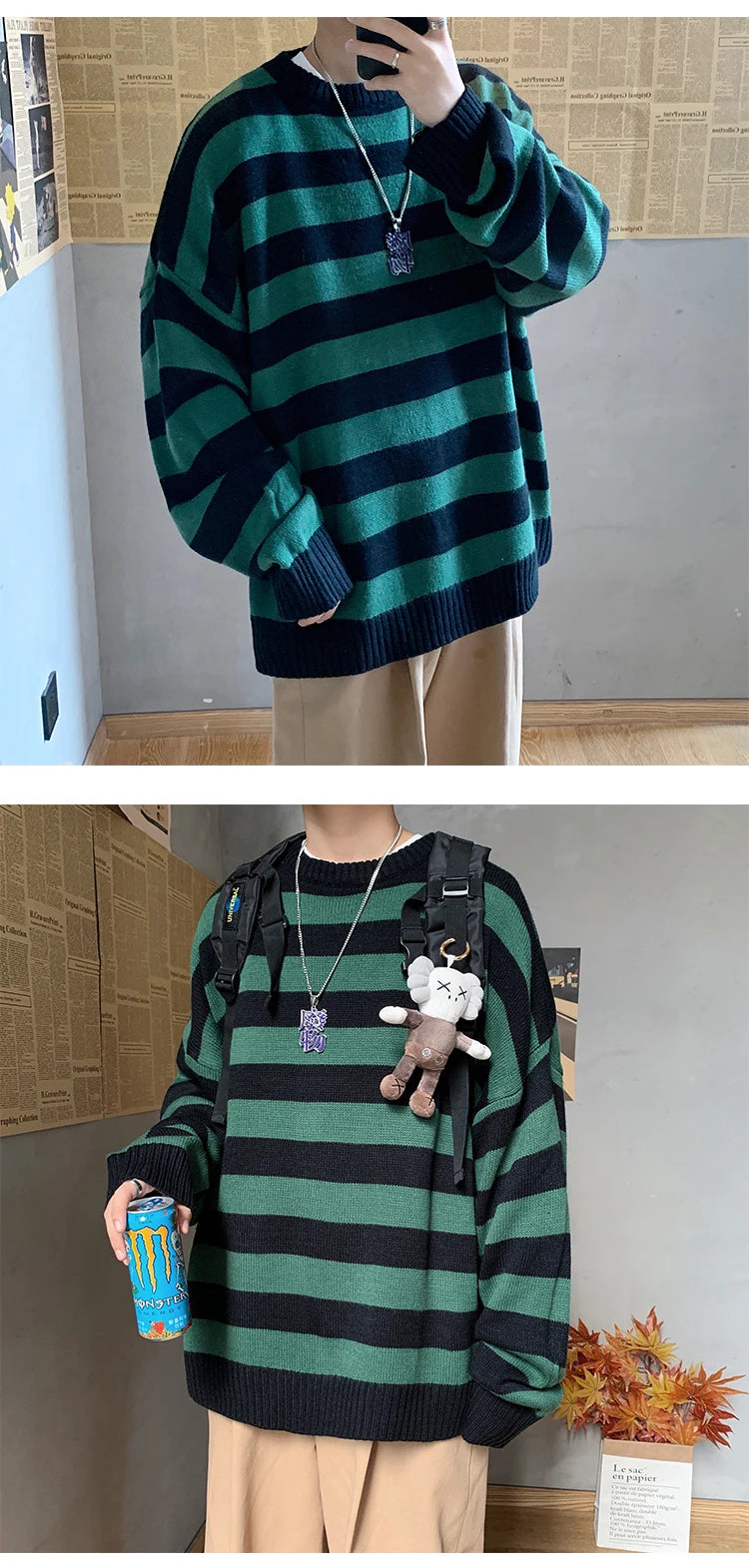 Classic Vintage Striped Sweater Men's Casual Japanese Trendy Red White Pullover Loose Round Neck Couple's Jumper Street Kintwear