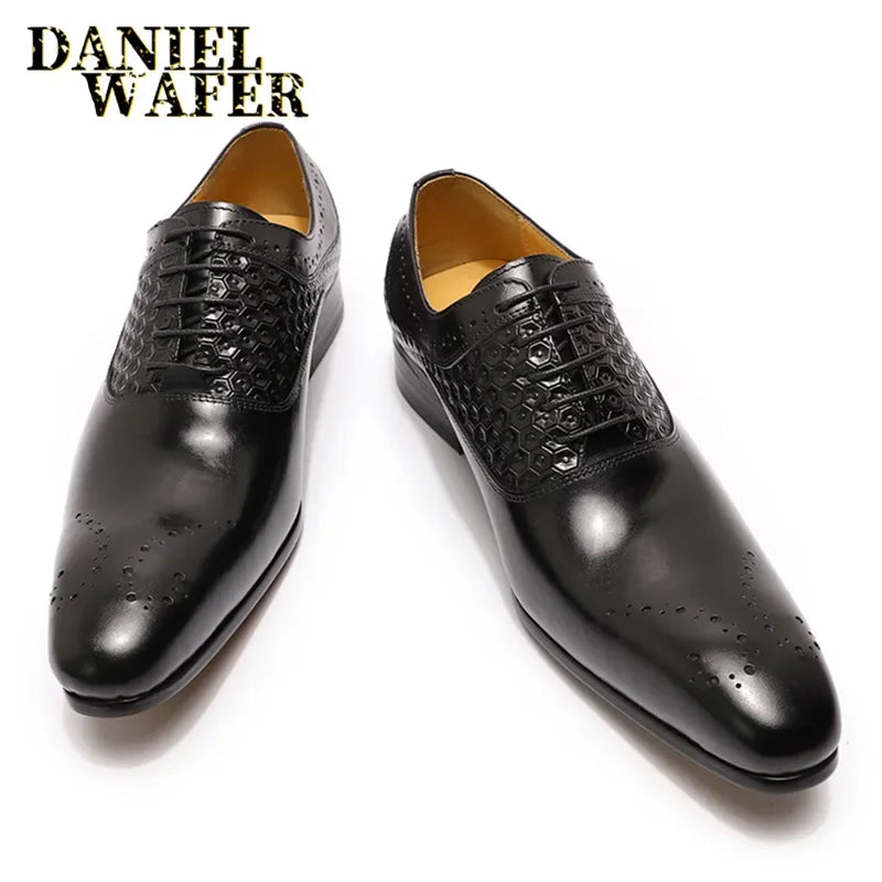 Italian Luxury Men's Pointed Toe Oxford Shoes Black Coffee Leather Lace-Up Dress Shoes for Wedding Office Business Formal Wear