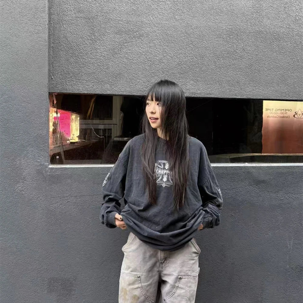 Yao Fashion Streetwear Luxuy Vintage Loose Baggy High Street Sport Autumn High Qualit Cotton Long Sleeve T Shirt For Men Unisex