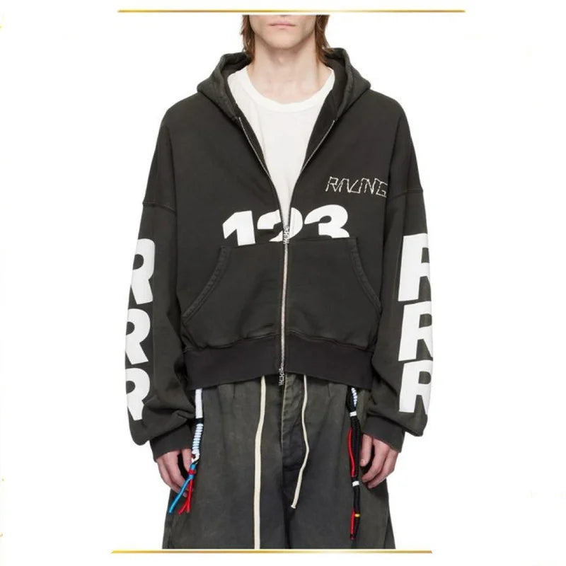 Heavyweight Fabric RRR123 Digital Embroidery Hooded Sweatshirt Washed Black Oversized Men Women Premium Quality Hoodie