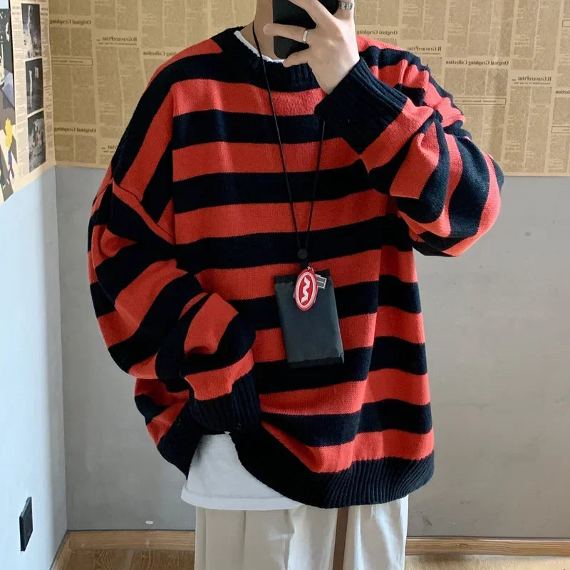 Classic Vintage Striped Sweater Men's Casual Japanese Trendy Red White Pullover Loose Round Neck Couple's Jumper Street Kintwear