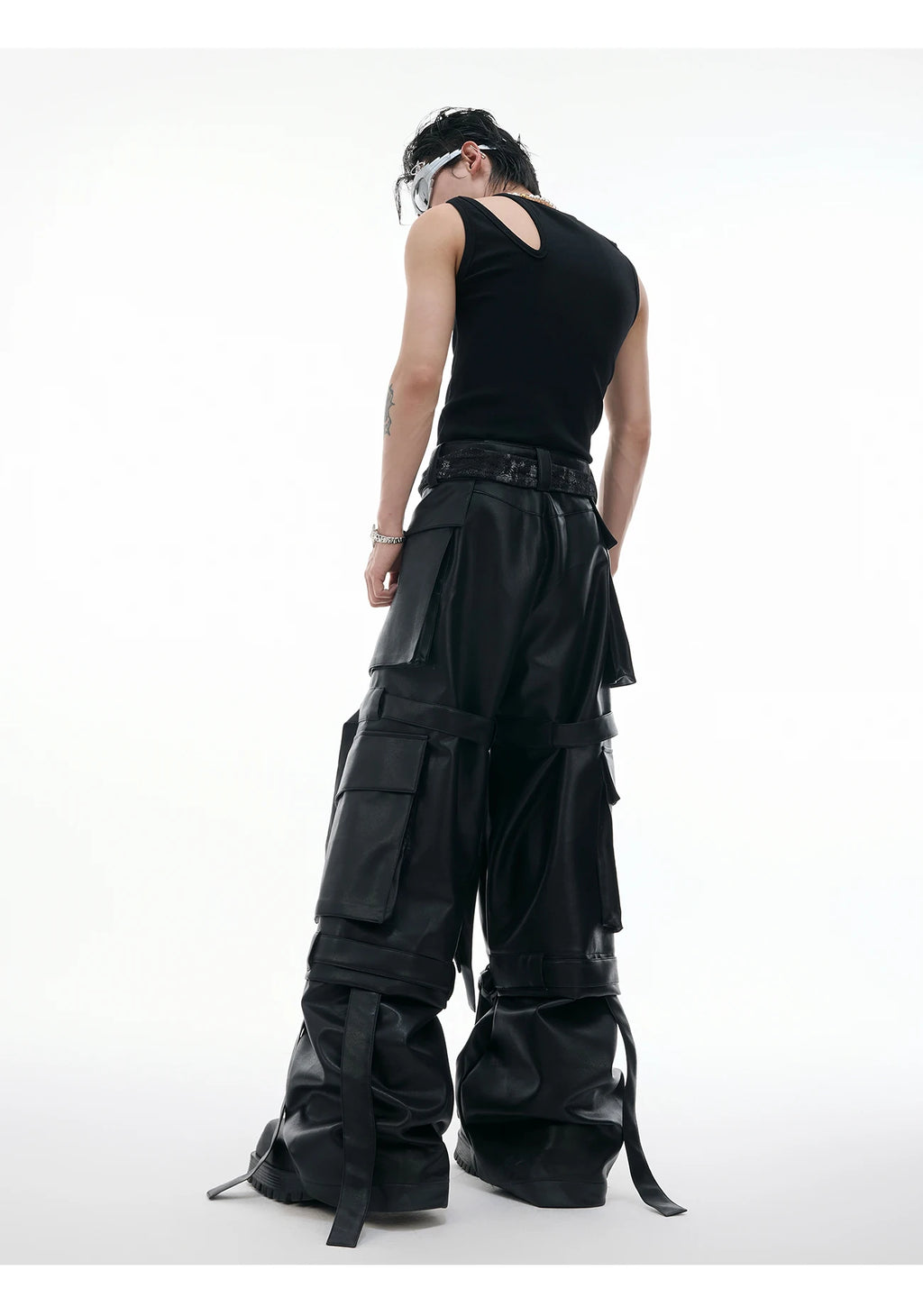 Mauroicardi Autumn Cool Long Baggy Black Pu Leather Wide Leg Cargo Pants Men Many Pockets Luxury Designer Emo Clothes Streetwear