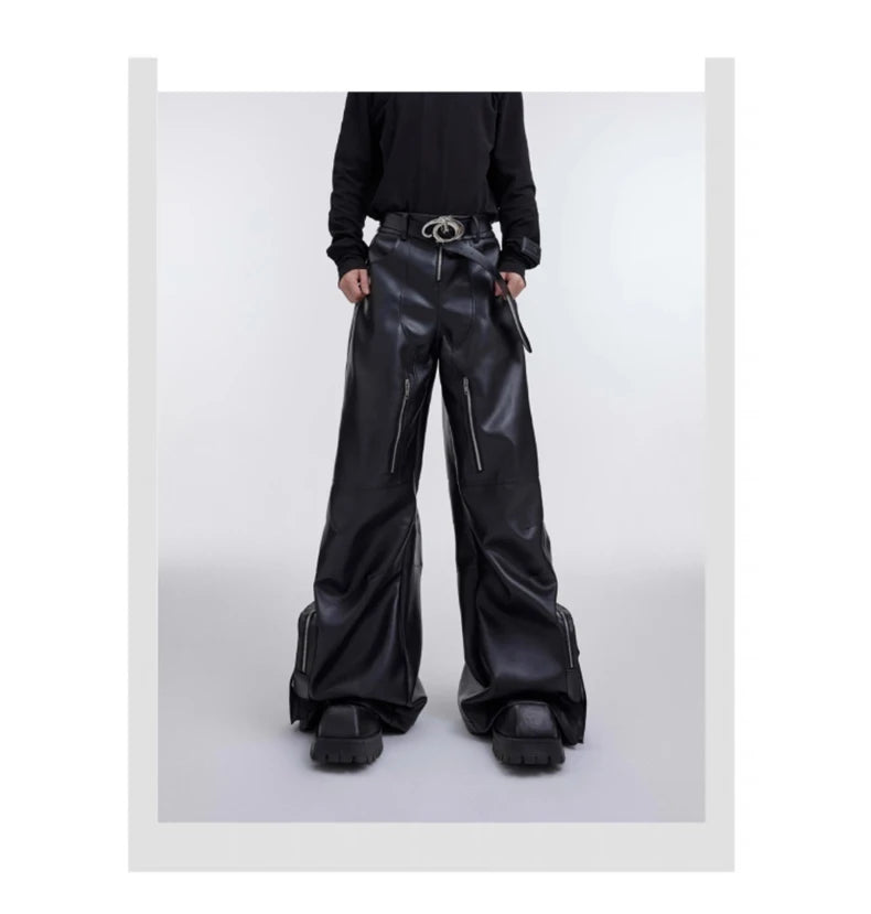 Mauroicardi Autumn Long Black Baggy Pu Leather Wide Leg Cargo Pants for Men Three-dimensional Pockets Luxury Designer Clothes