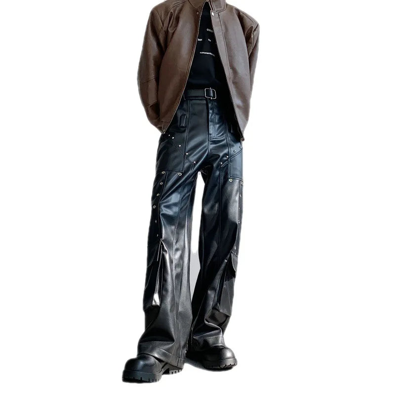 Men's Faux Leather Cargo Pants With Rivet, Y2K  Streetwear Black  Wide-leg Trousers, Autumn/Winter Gothic Mans Baggy Pants