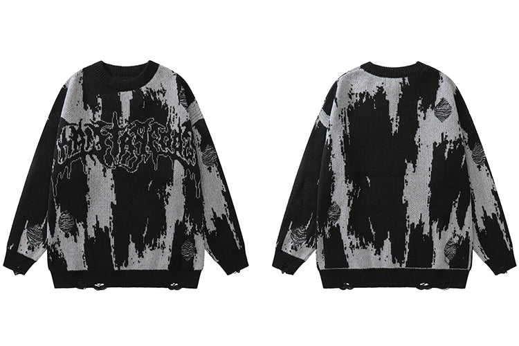 2025 Men Streetwear Ripped Sweater Distressed Vintage Letter Graphic Hip Hop Knitted Sweater Retro Pullover Sweater Hipster
