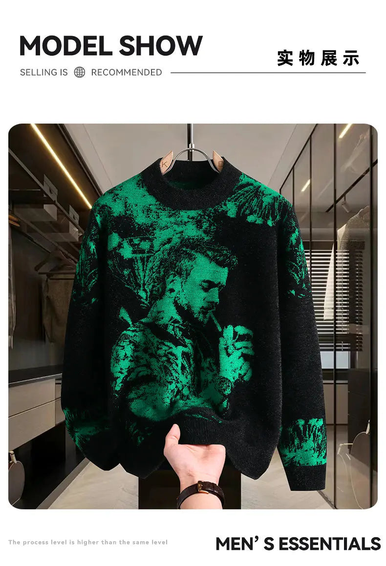 Retro Men's Printed Slim Knit Sweater for Men's Base, 2025 Brand Premium Tops, High-quality Men's Plus Size Warm Sweater