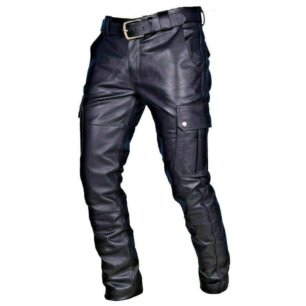 Fashion Faux Leather Pants Men Casual Streetwear Biker PU Pants Motorcycle Multi-Pocket Trousers Spring Autumn Waterproof Pants