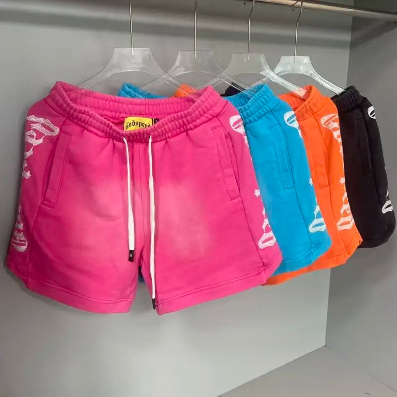 Godspeed American High Street Summer Sport Casual Embroidered Heavy Wa Pure Cotton Dstring orts Straight Leg Pants
