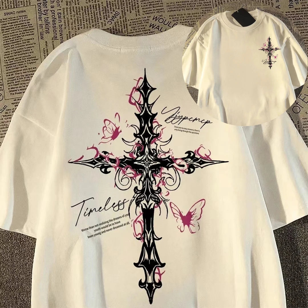 Hip-hop Cross Print Loose Short-sleeved T-shirt for Men and Women, American High Street Style for Summer